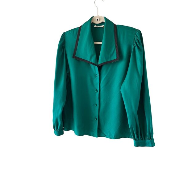 Frank Young Vintage Womens Blouse Size 10 Green Twill Collared Pure Silk - Picture 2 of 10